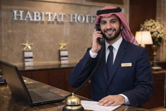 ChatGPT Image Jan 22, 2026, 02_56_27 AM موظف استقبال فندق سعودي يعمل على مكتب الاستقبال ويرحب بالنزلاء داخل فندق في جدة